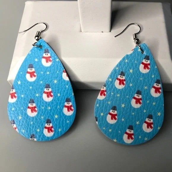 Light Blue PU Leather Snowman Teardrop Earrings - Picture 4 of 6